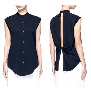 Helmut Lang Shirt Women Small Black Jacquard Split Back Knot Button‎ Front Top